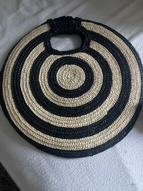 Anthropologie Black and Cream Round Straw Clutch